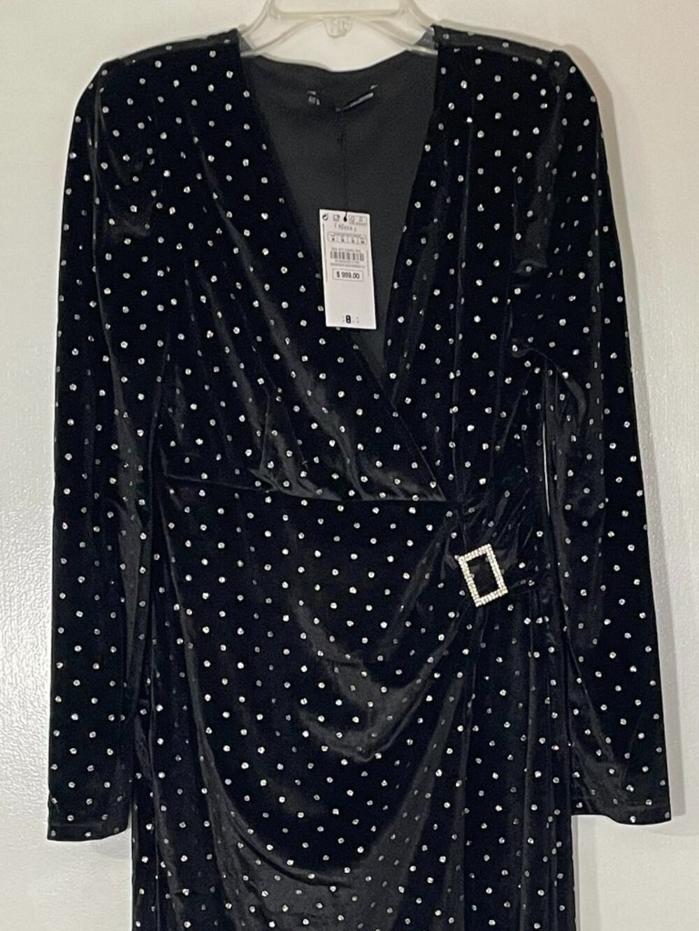 NWT Sfera Collection Women’s Black & Silver Polka Dot Velvet Dress – Size M